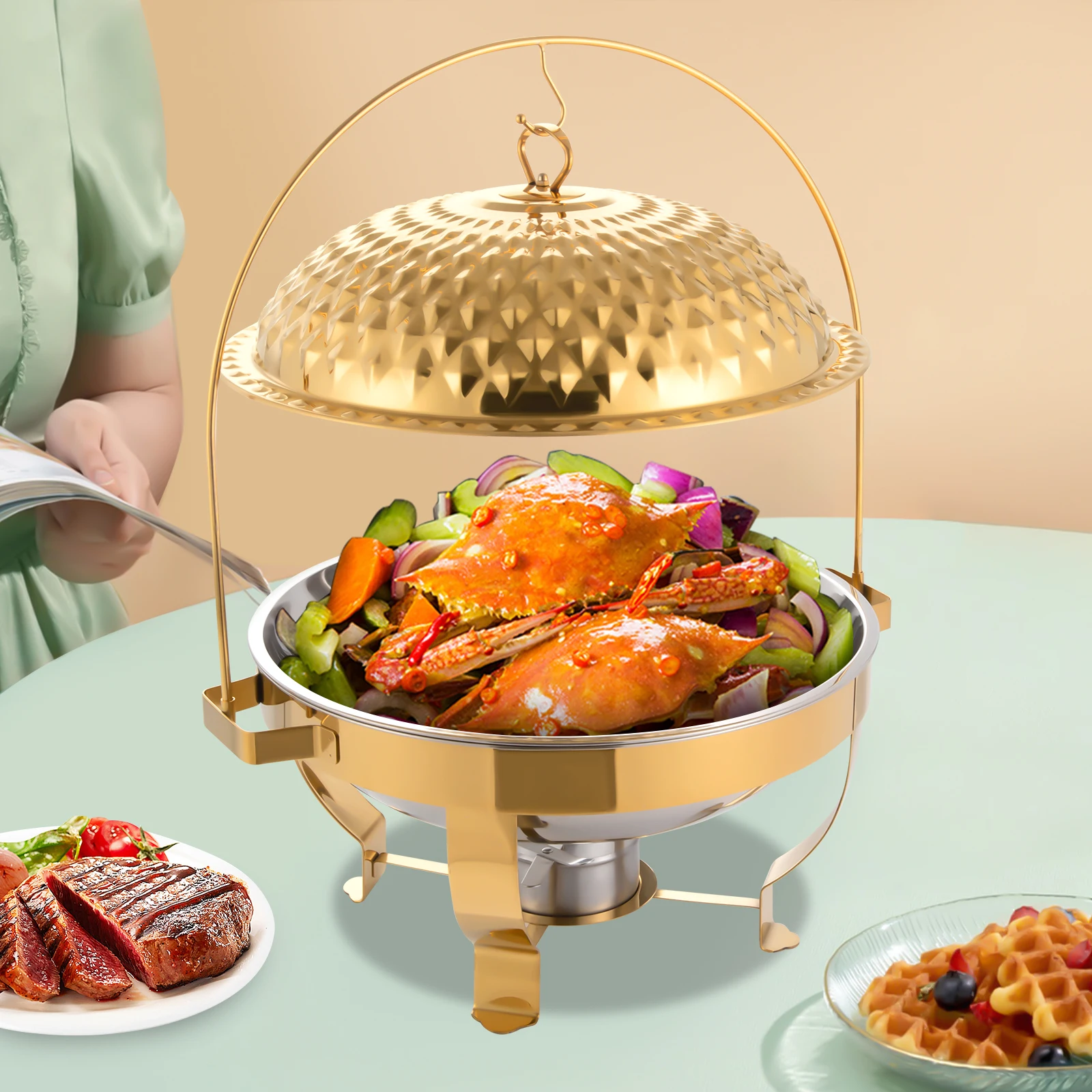 

8L/8.5QT Chafing Dish Buffet Set, Round Chafing Dishes Hanging Lid Dining Stove Stainless Steel Round Buffet Chafer Freestanding