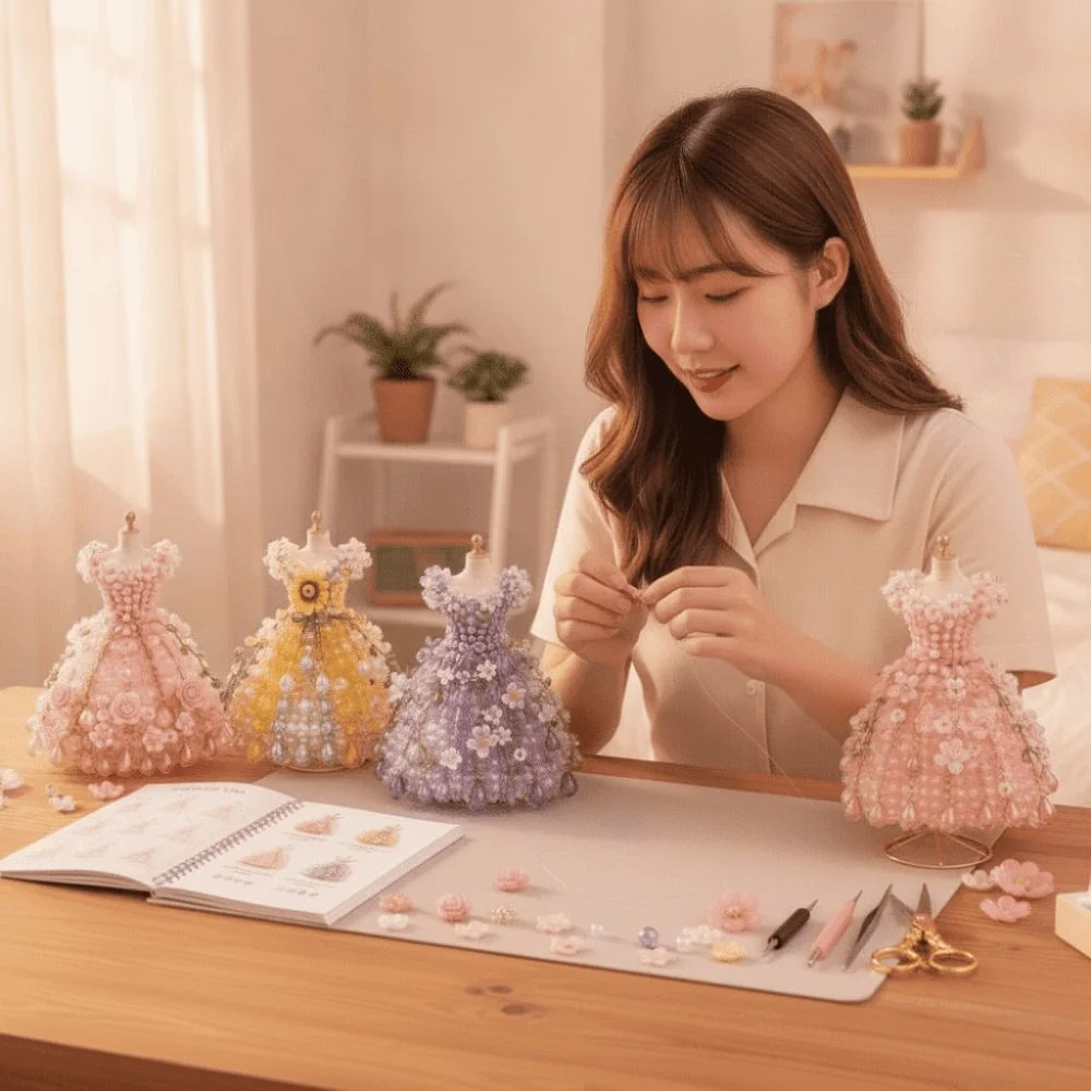 3D-Design Perlenkleid-Bastelset: Winzige Perlen für Kleiderformen, Kreatives Bastelset, Niedliches Design, Perlenwebset, Schreibtischdekoration