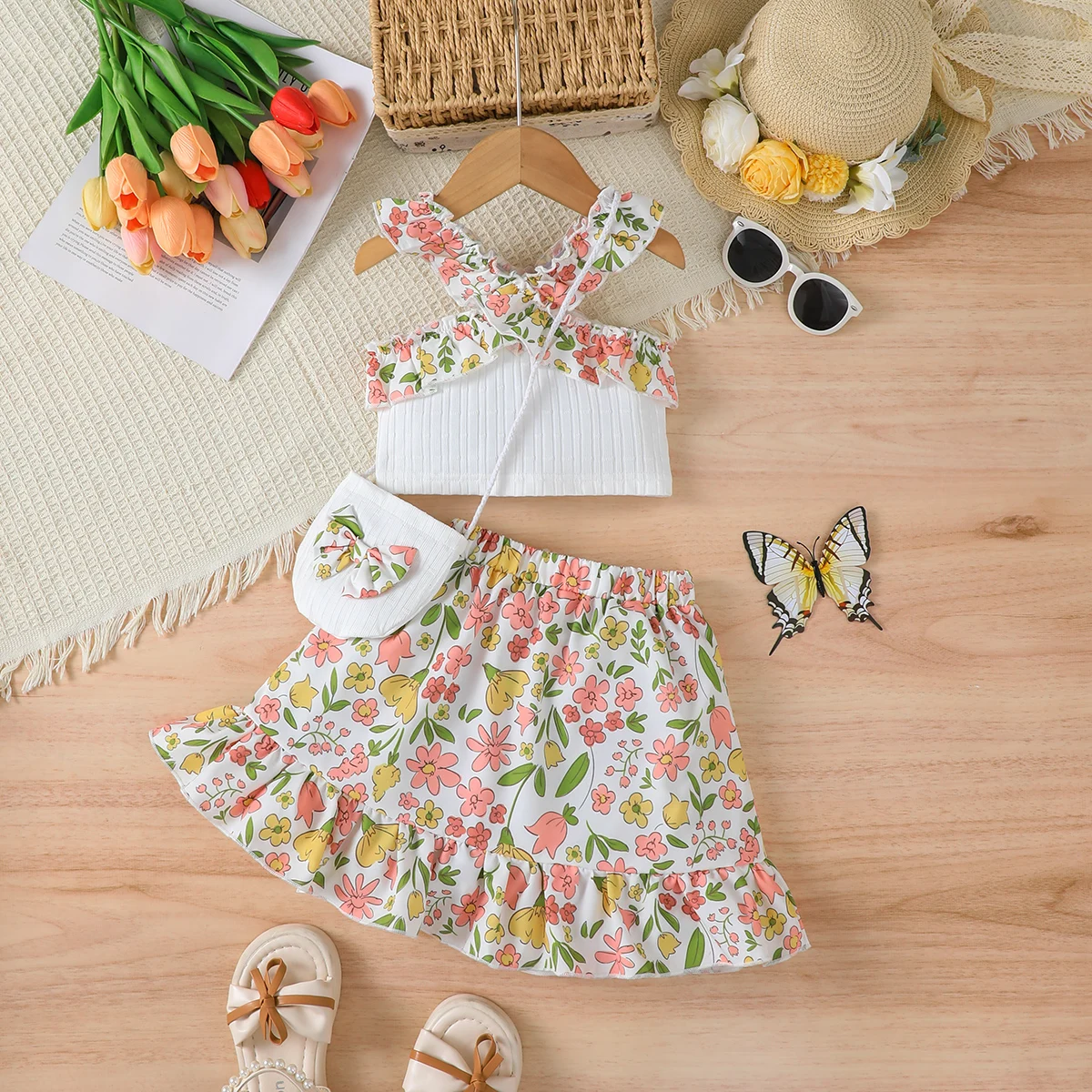 Children's Girls' Set: Small Floral Ruffle Edge off Shoulder Top+Lrregular Skirt+Small Bag Set: Girls' Summer Fashion Set