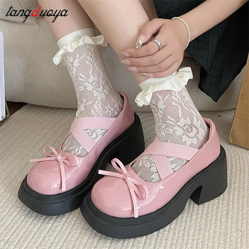 silver pink lolita shoes Women Mary Jane Shoes Fashion Shallow Elastic Nand Ladies Pumps Elegant Outdoor High Platform Shoes