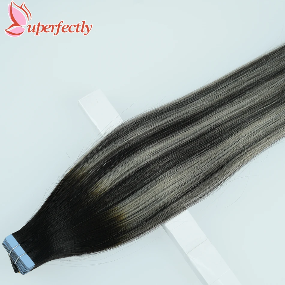 Uperfectly Straight Tape In Human Hair Extension Ombre Grey Invisible Tape Weft 12"-26" Tape In Hair Extension Full End 2.5g/pc