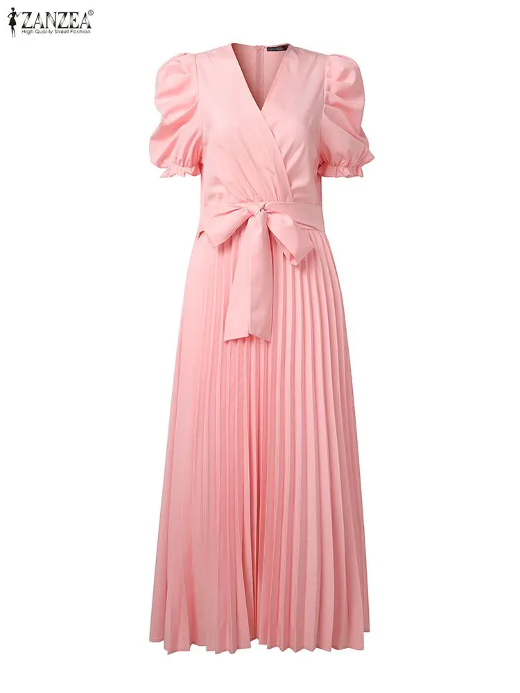 Elegante abito da festa con scollo a V ZANZEA Abiti da donna da ufficio 2025 Manica a sbuffo Solido Vestito estivo a pieghe Una linea Abiti midi Abito con cintura