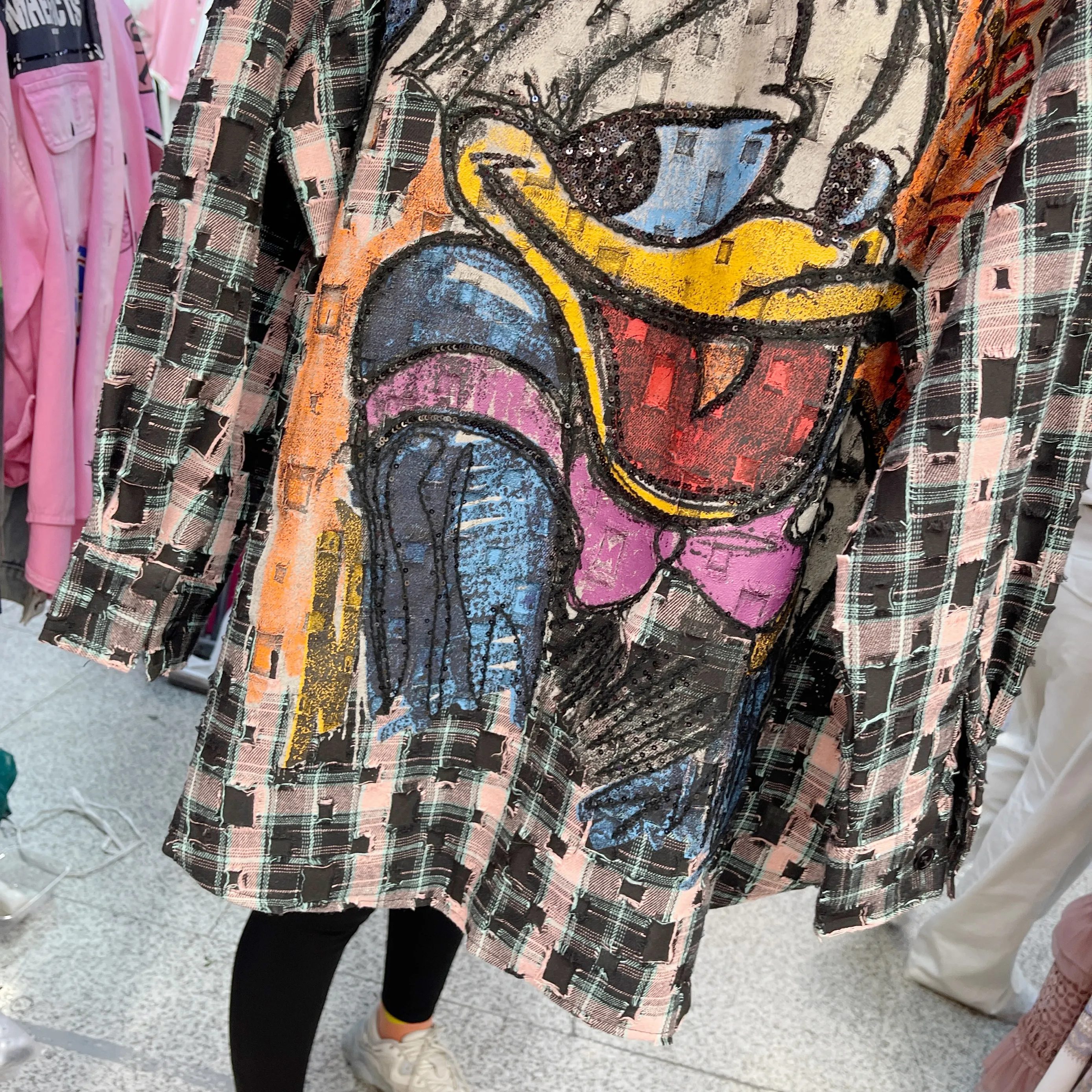 European Goods Casual Shirt top 2025 Spring New Loose Medium Length Plaid Cartoon Print Top Sequins Long-sleeved Shirt Women