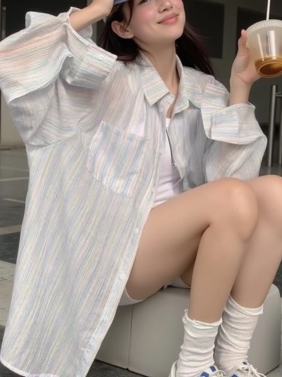 

Loose Korean Sle Women's irt Stripe Thin Layering Design Long Sve Sun Protection Spring Summer Faion Casual Top