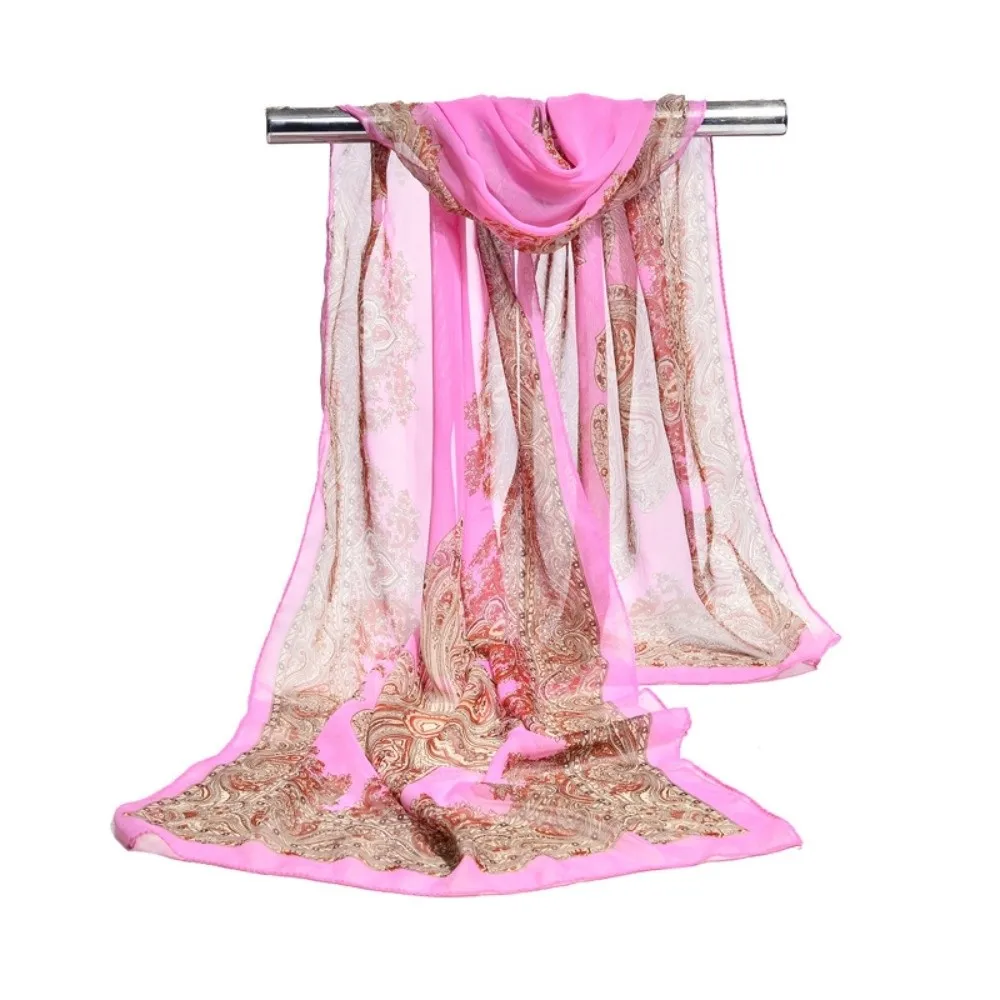 Elegant 160*50cm Chiffon Scarf Floral Sunscreen Silk Shawl Gradient Washable Beach Gauze Scarf for Women