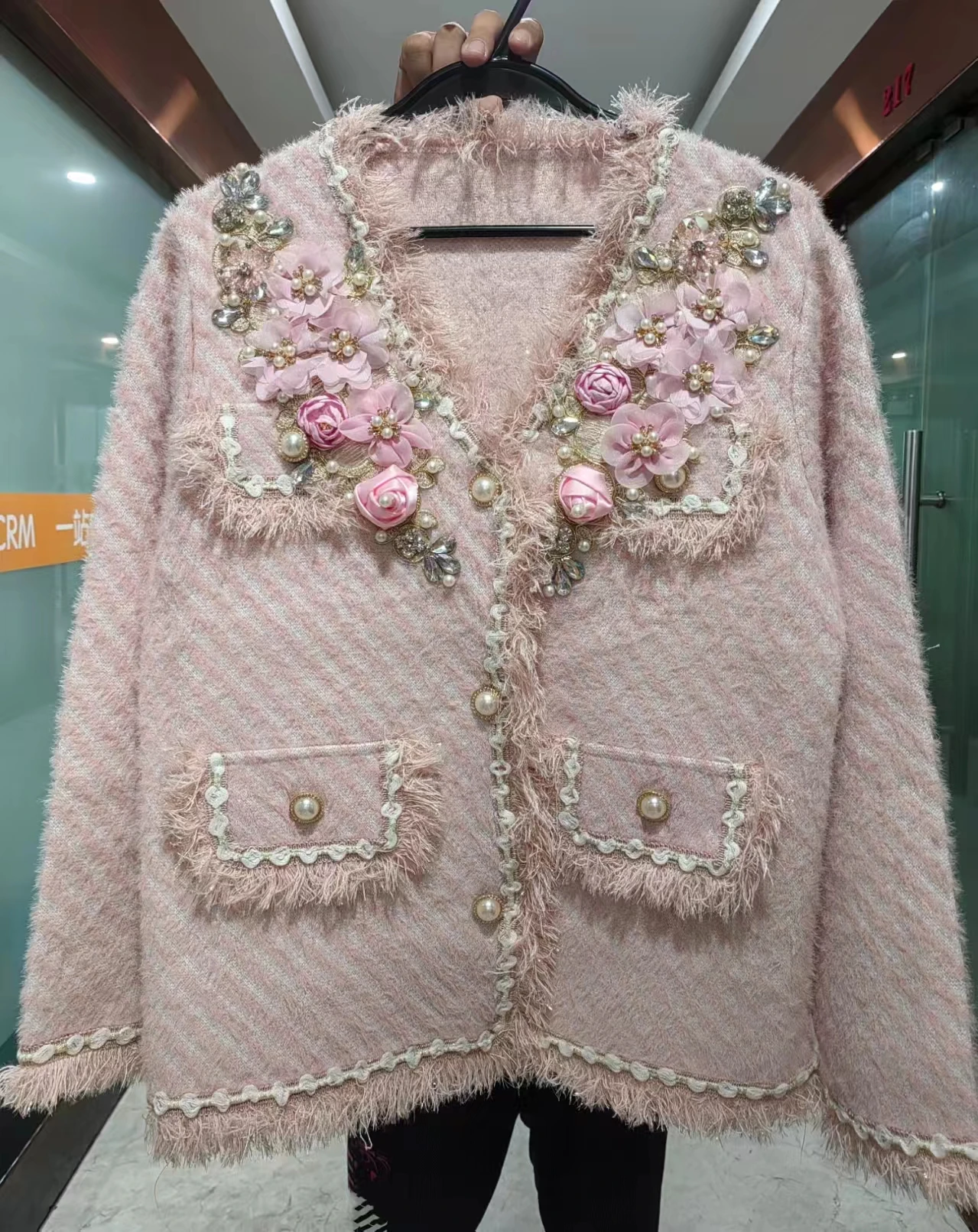 New In 2024 Autumn Winter Luxury Beaded Flowers Stitch Knitted Cardigan For Women Long Sleeve Sweater Coat Outwear Jacket