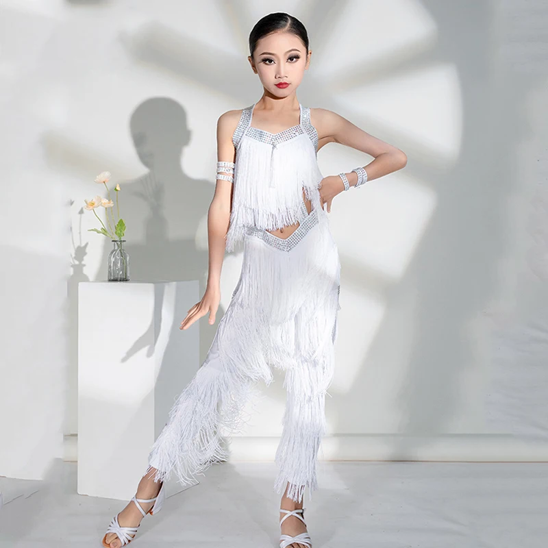 Girls Latin Dance Costume Rhinestone Tassel Tops Pants Cha Cha Rumba Samba Performance Wear Kids Competition Clothing BL12070