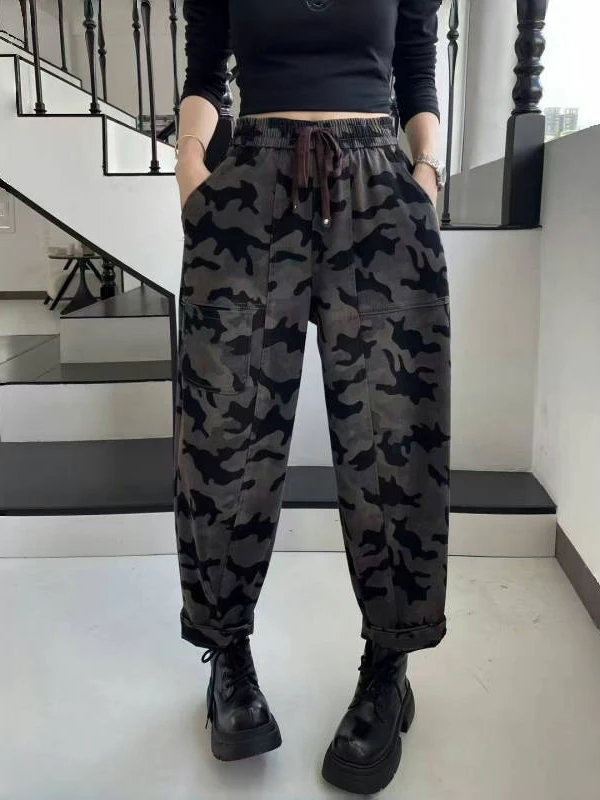 

Американские женские джинсы с высокой талией и эластичной резинкой, с камуфляжным принтом, повседневные свободные брюки-харлан из смесового хлопка и полиэстера