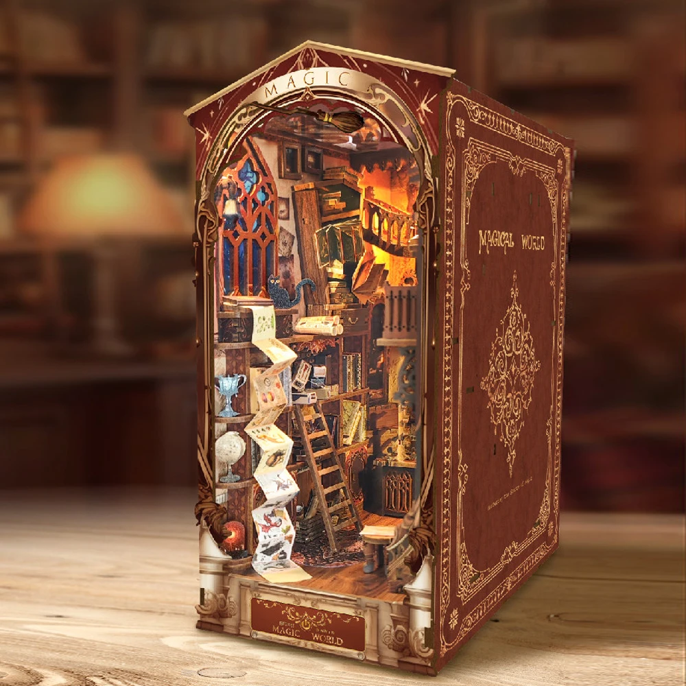 New Magic World DIY Wooden Bookend Kit with LED Light, 3D Puzzle Bookshelf Decor Night Light Birthday Gift for Fans