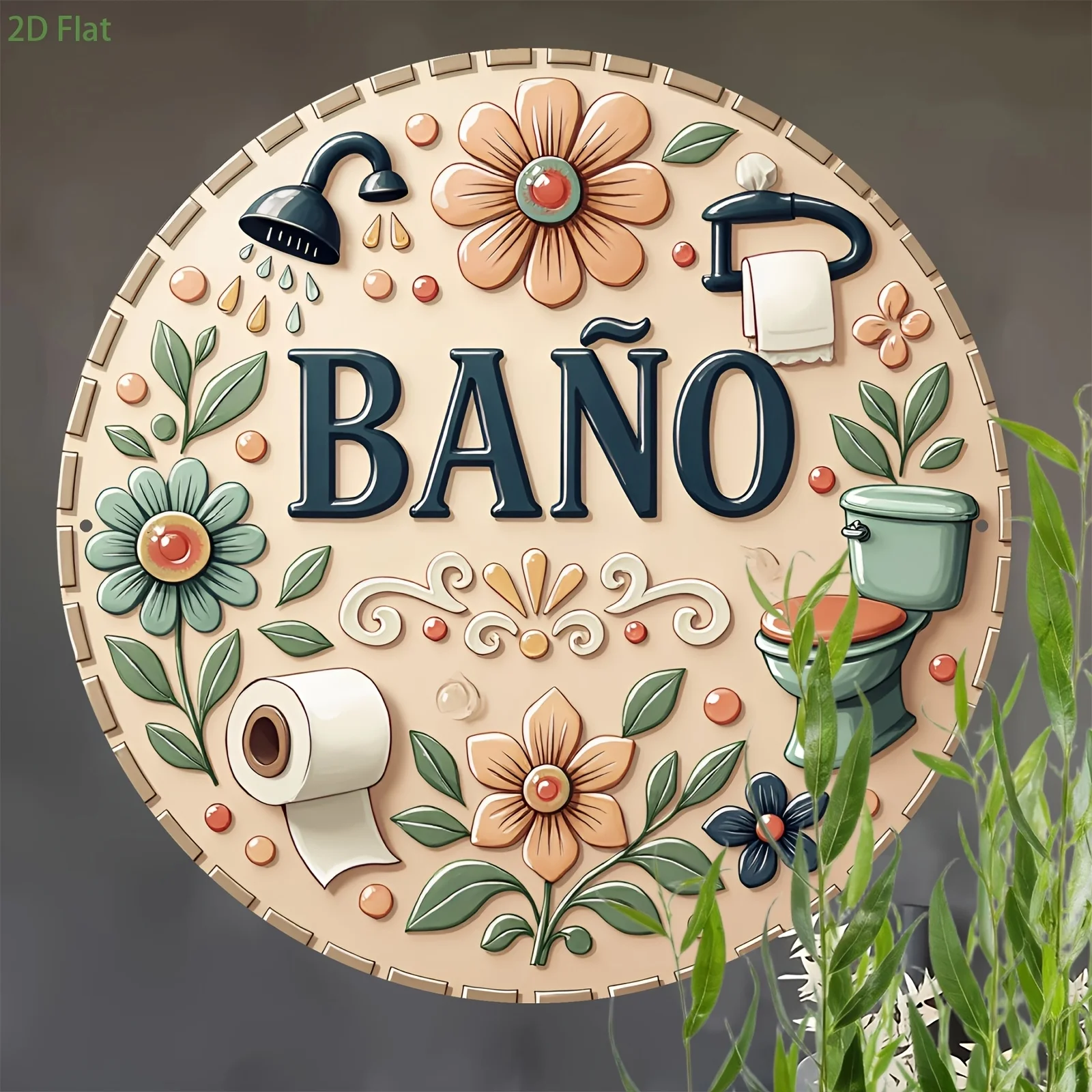 2D flaches, kreisförmiges, dekoratives Schild aus Holz, Toiletten-Blumenmuster, lustiges Holzschild, verbessert den Stil, für den Innenbereich – Detail 2
