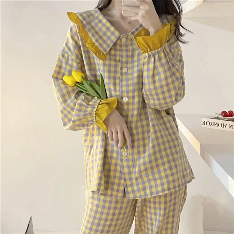 Sweet Long Sleeve Pajama Sets Women Loose Casual Stylish Chic Homewear Single Breasted Ins Popular Cute Princess Nightwear