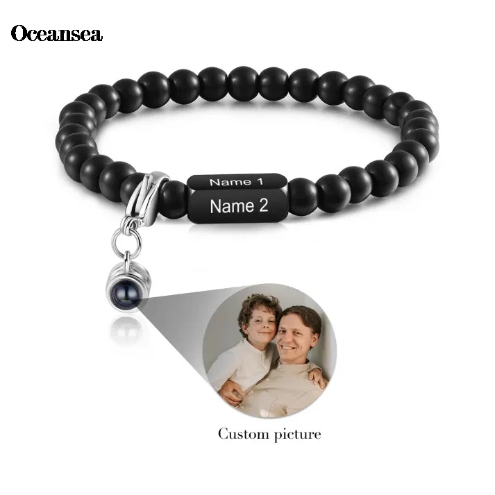 

Customized Photo Projection Bracelet with Black Color Natural Stone Engraved Names Bracelet for Men Christmas Gift Jewelry 2025