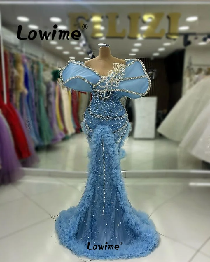 Celebrity Dresses Blue Aso Ebi Crystals Mermaid Prom Dress Sequined Lace Arabic Evening Formal Party Second Reception Dresses