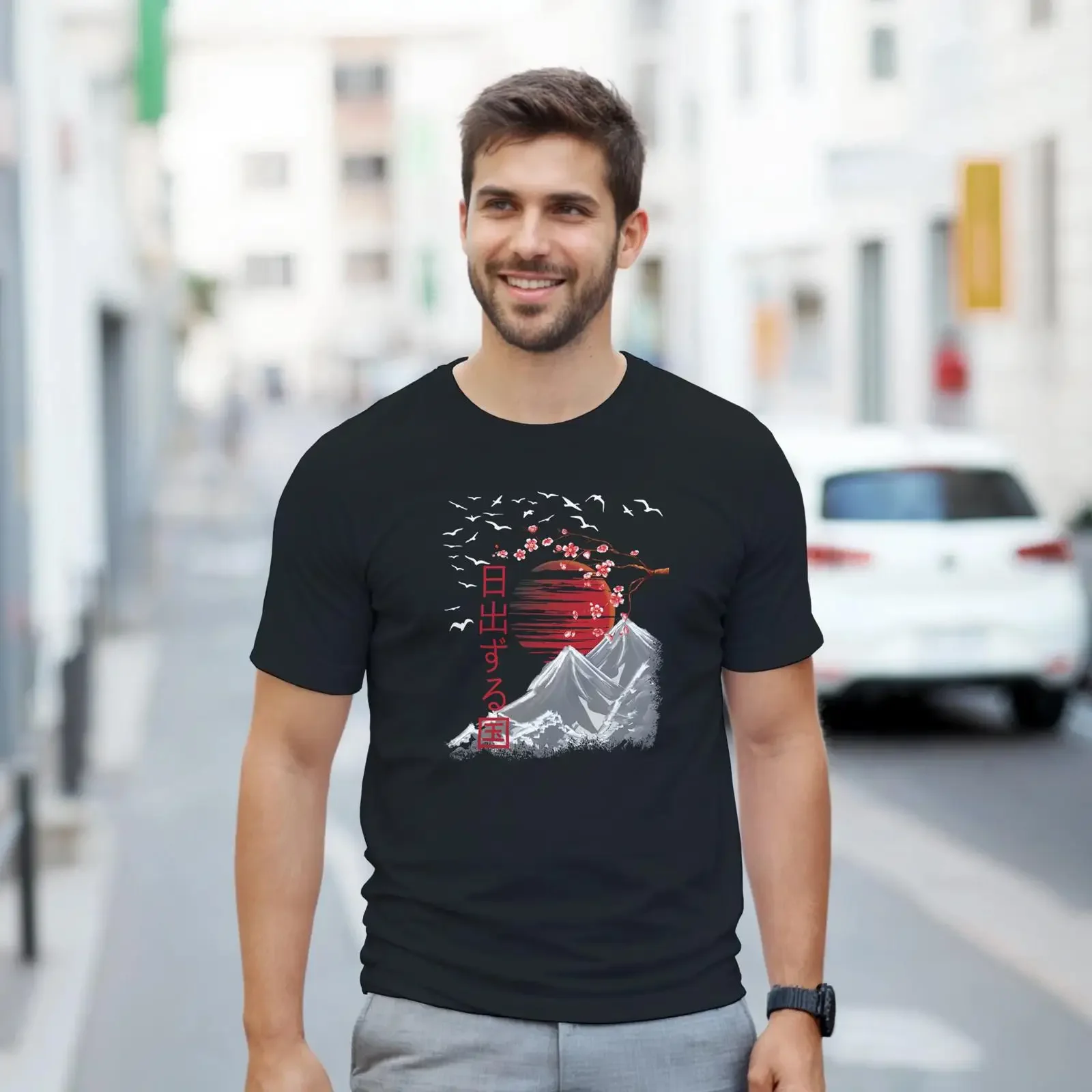Japanisches Vintage-Kunst-T-Shirt im japanischen Stil, gewaschen, stilvoll, Unisex-Oberteil für den Alltag, grafisch, weich, leicht modisch, leicht dehnbar