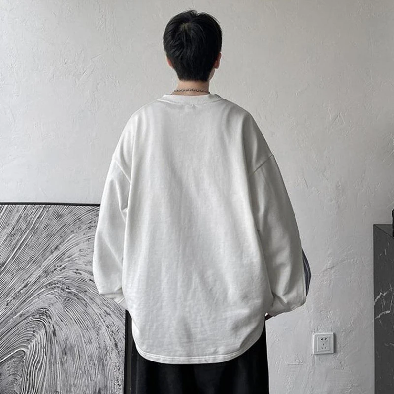 Fake Two Piece O Neck Long Sleeve Men Sweatshirt Street Casual Fashion Spliced Striped Print Oversized Pullover Tops Black White