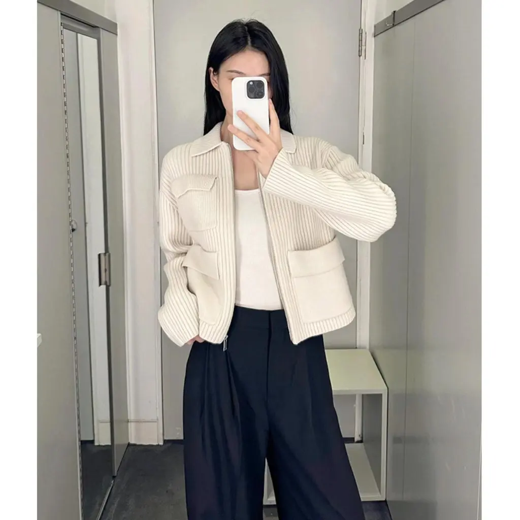 

New Women's Autumn Wool Blend Ribbed Work Jacket Standard Fit Long-Sleeved Knitted Cardigan
