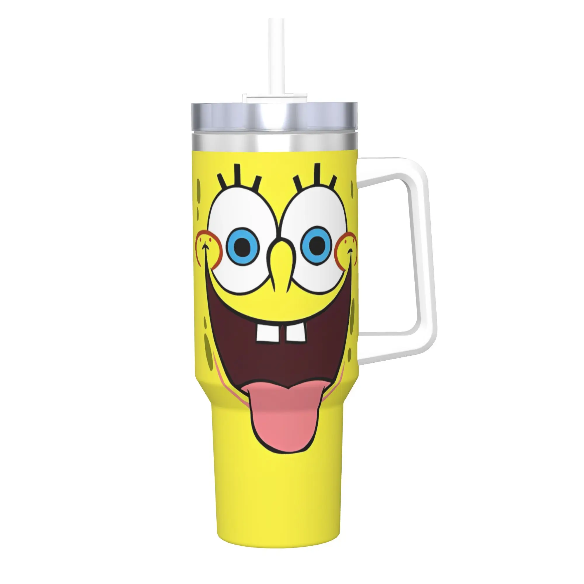 SpongeBob Happy Funny Face Cartoon Isolierter Becher mit Strohhalmen, Edelstahl Thermobecher, doppelwandige Wasserflasche, 40oz