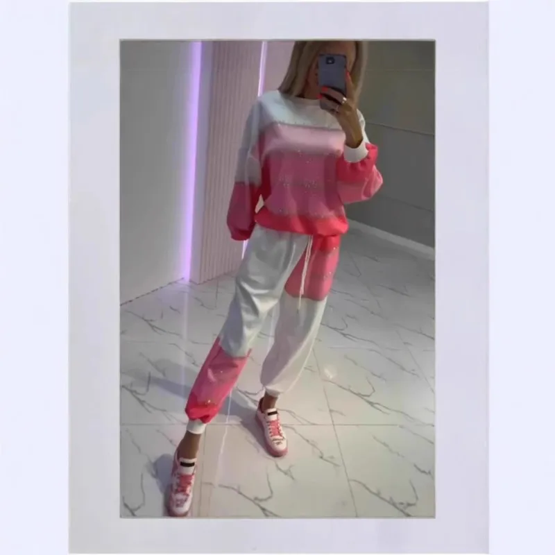 

Fashion Contrast Color Glitter 2-Piece Sets Women Outfits 2025 New Autumn New Sweatshirt And Drawstring Casual Pants Set Female