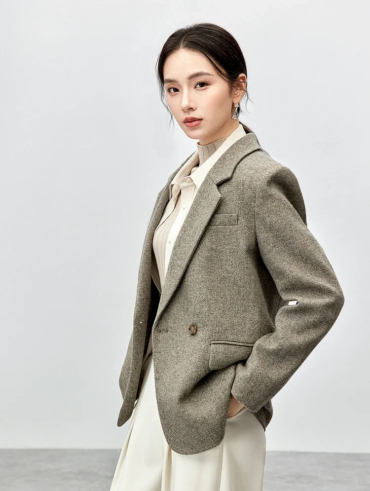 SENTUBILA Texture Wool Blazers Women 2024 Winter Loose Notched Collar Double Breasted Formal Work Office Blazers 144X57522