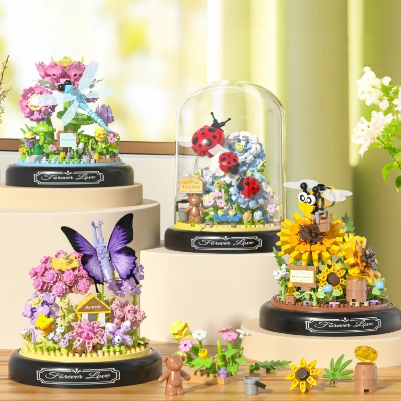 Eternal Flower Micro Building Blocks Bee Butterfly MOC Sunflower Lotus Assembled Dragonfly Model Mini Bricks Toy For Home Decor