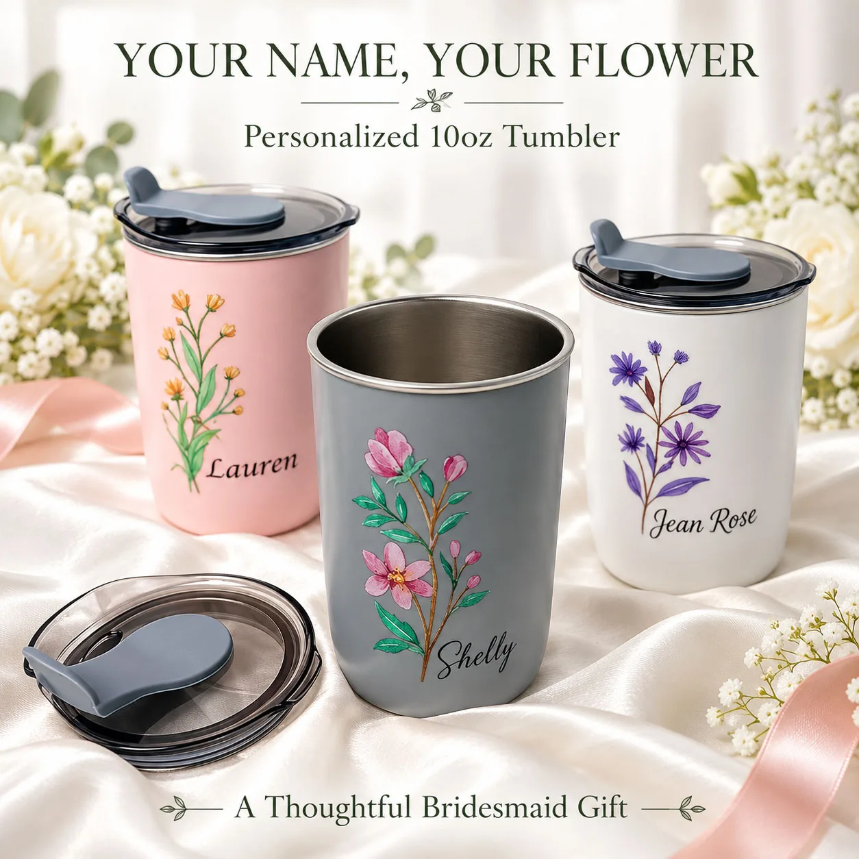 Personalized 10oz Tumbler Custom Name Floral Coffee Cup with Lid Bridesmaid Gift Wedding Party Birthday Gifts for Women