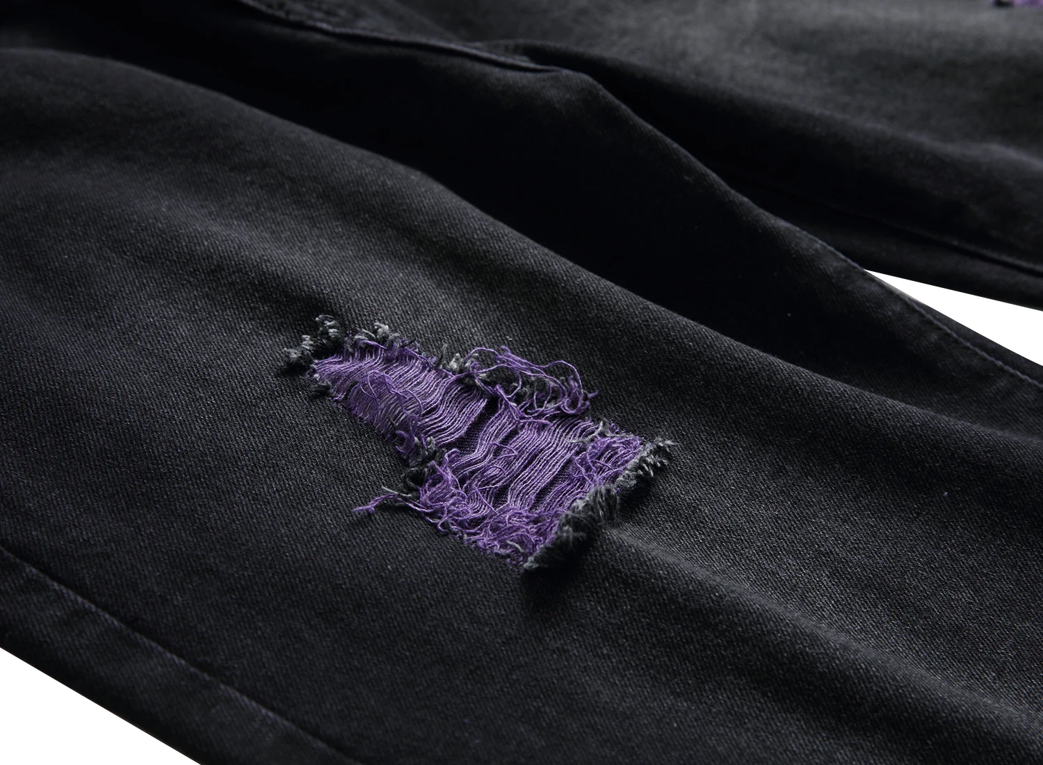 Jeans masculinos preto rasgado estiramento magro jeans roxo rasgado buracos mais rasgados jeans preto rasgado para homem