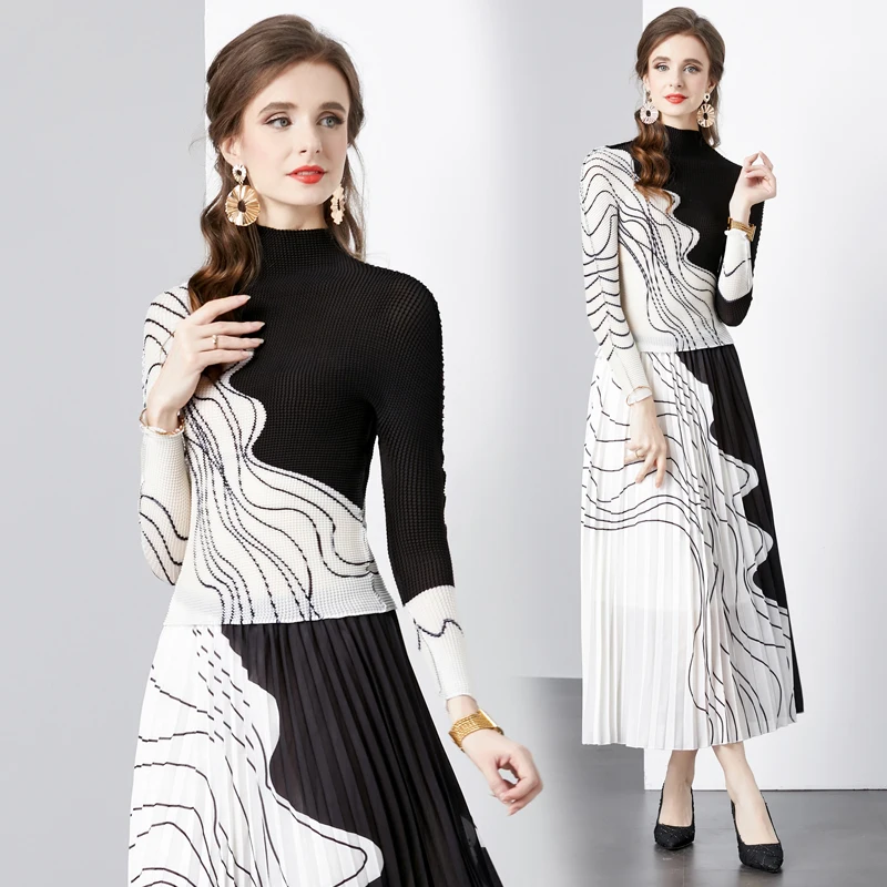 Miyake Hand-Pleated Women Elegant Dress French Fashion Design Loose Long Sleeve Female Elegant Pleated Dresses 2024 Spring New