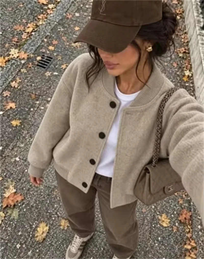 Guobioziy Women's Jacket 2026 Fall/Winter New Fashion Casual Versatile Long-Sleeve Stand Collar Flight Jacket Wool Coat