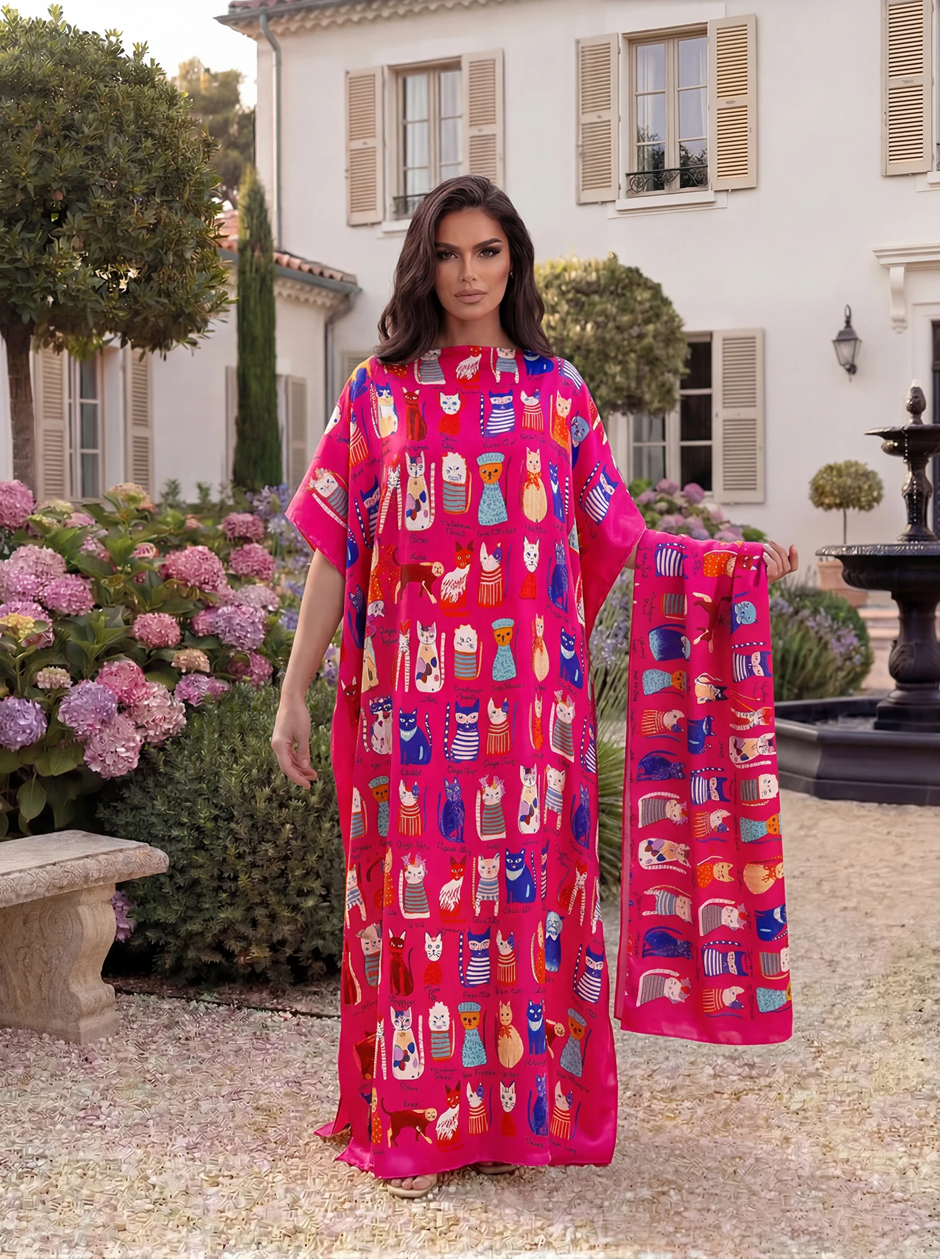 Cute Cartoon Cat Print Satin Abaya Scarf Set, Loose Batwing Kaftan For Muslim Women Summer Beach Holiday Wear