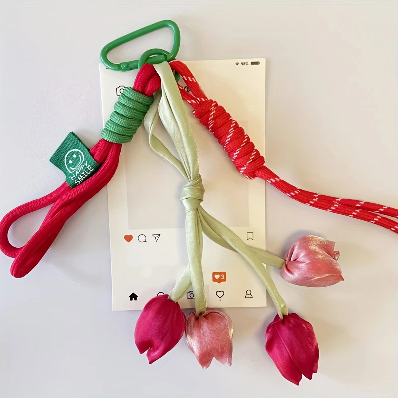 New Fresh Style Tulip Flower Bag Charm High Aesthetic Keychain Handbag Decorative Nylon Lanyard Sweet Spring Style