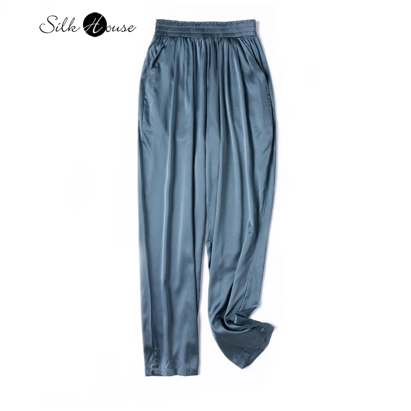 

2025 Women's Casual Summer New 93% Natural Mulberry Silk Elastic Satin Grey Blue Elastic Waist Double Pocket Haren Pants