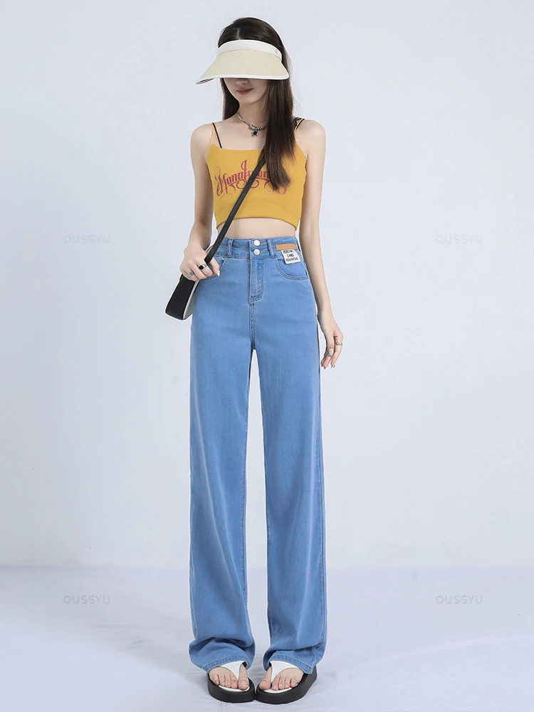 Jean en tissu Lyocell naturel doux pour femme, pantalon en denim fin, baggy, jambe large, taille haute, décontracté, fjFemale, taille 25-32, été