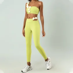 Pmwrun Women's Yoga Suit Quick-Drying High Elastic Chest Wrap Shockproof Running Fitness Sports High Waist Pants Two-piece Set
