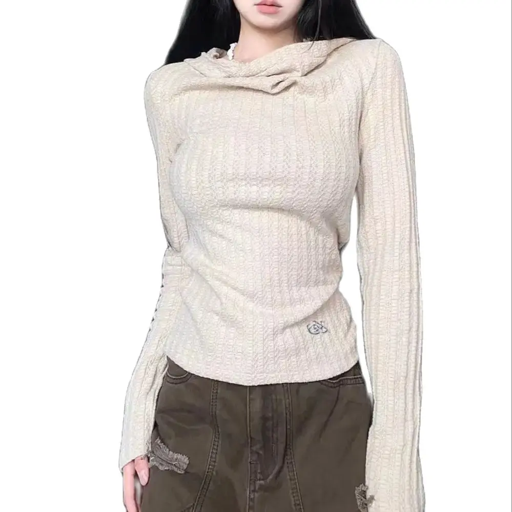 Y2k Slim fit Hooded Long Sleeve Women Thin Knitted Shirt Vintage Solid Slim Waist Tops Mujer Sweatshirts Autumn