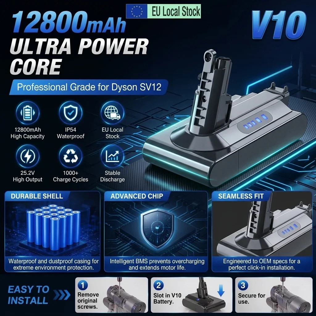 Batteria ricaricabile per aspirapolvere Dyson V10 25.2V 12800mAh serie SV07 SV09 SV10 DC62 Absolute Fluffy Animal Professional