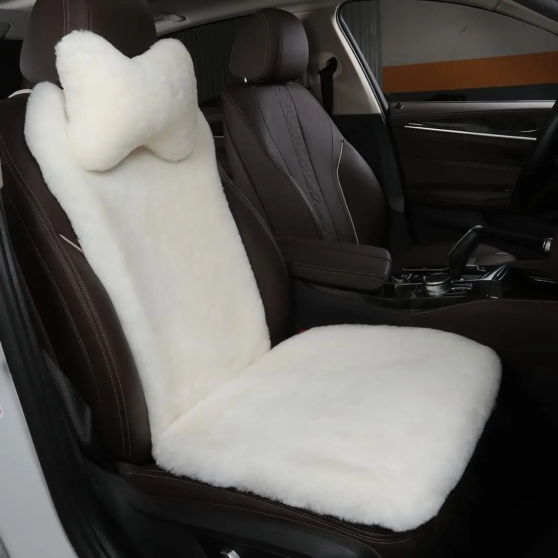 

Fuzzy Fluffy Fur Sheepskin Car Seat Covers for Universal Auto Seat Cushion Accessories, 3-Pack Front in White