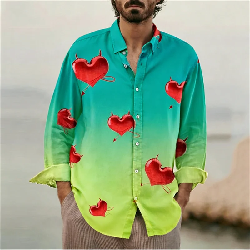 New men's Harajuku colorful love shirt with rainbow heart pattern long sleeved lapel casual men's top shirt