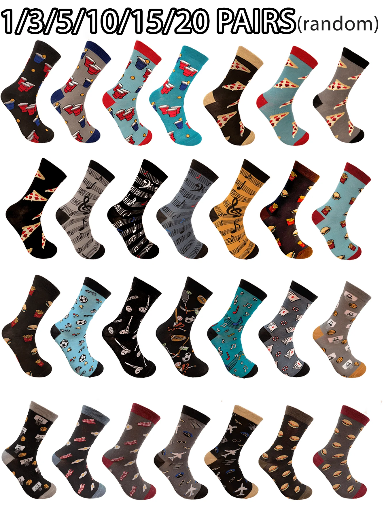 

1/3/5/10/15/20 Pair of men's European and American style random fun pattern mid-tube socks combination