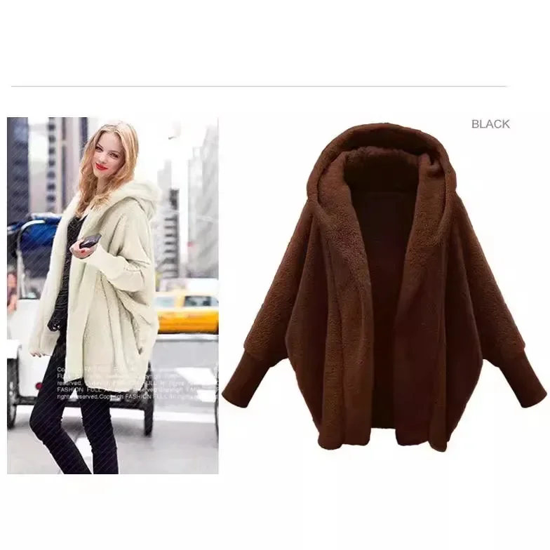 Women Autumn Winter Clothing Solid Color Long-sleeved Hooded Loose Plush Jacket Coat Warm Cardigan
