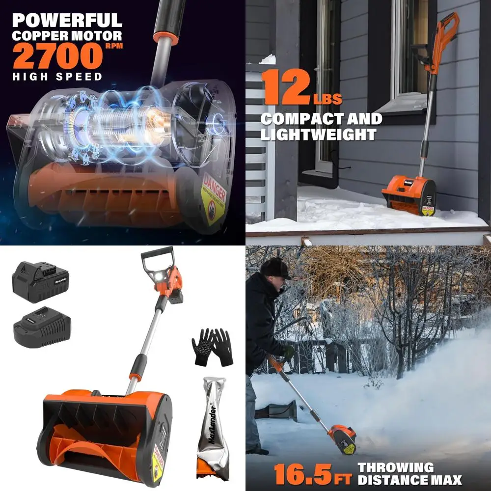 

Cordless Electric Snow Shovel, 20V 12-Inch, LED Lights, Directional Plate, Adjustable Handle, 4.0Ah Battery, Charger & Cover Inc
