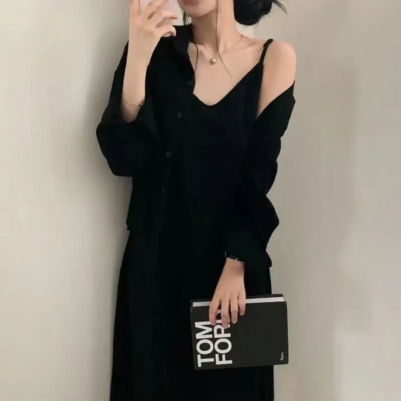 Two Piece Sets Women Korean Style Retro Cropped Shirts Outerwear Simple Baggy Tender Sleeveless Elegant Feminine Long Dresses