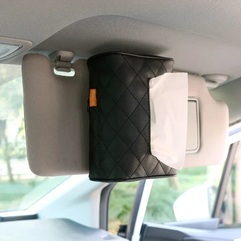 SolidColor Checkered Leather Wear-resistantTissue Box Car Seat Backrest Sunshade Suspension Tissue Bag Buckle Strap Easy Install