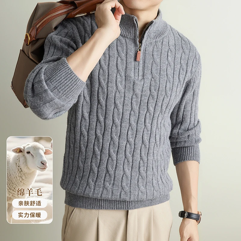 Thick Wool Retro Twisted Sweater Men 2026 Autumn Winter Stand Collar Warm Jumper Long Sleeve Zipper Knitting Tops Pullovers