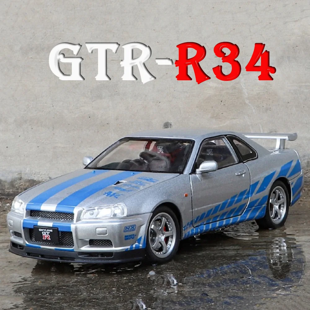 1/24 Nissan GTR R34 Car Model Toys Skyline Alloy Diecast Street Cars with Pull Back 4 Doors Opened Sound Light Toys for Boy Gift