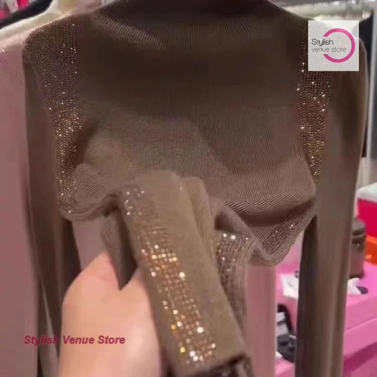 French fashionable sweater top women's autumn and winter high-grade heavy industry hot drilling splicing semi-high neck sweater