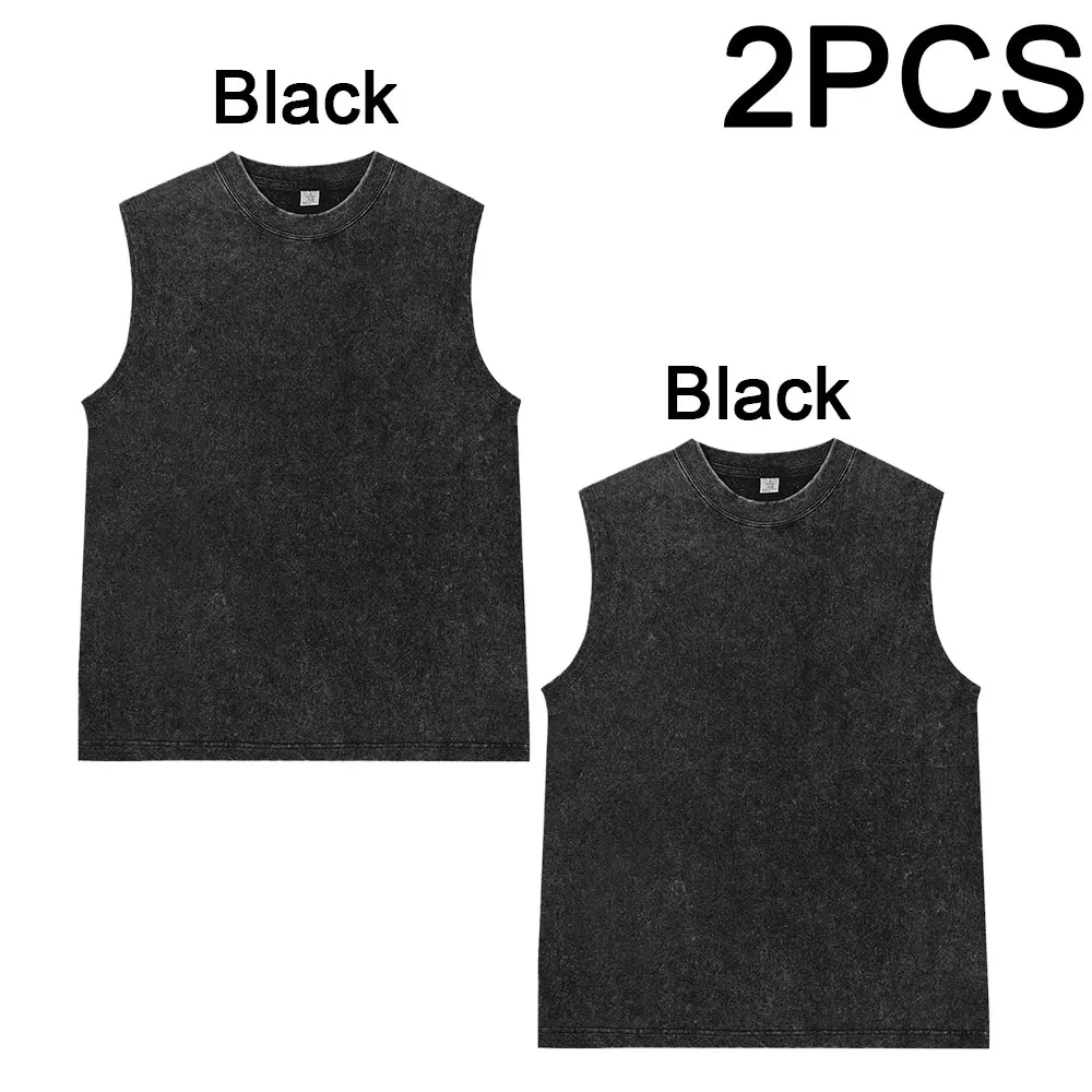 

2-Piece Set Washed Cotton Tank Tops Muscle Gym Sleeveless Workout Vintage T Shirts Running Beach Loose Women Men Top Tees