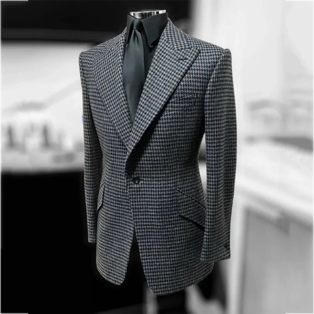 

Elegant Man Jacket Gray Houndstooth Chic Single Peaked Lapel Single Button Unique Fashion Male Blazer Daily Wear Only Coat