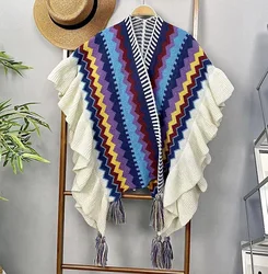 WeHello-Ethnic Style Poncho Capes Ladies Fashion Stripe Colorful Knit Oversized Women Poncho Wrap Fringed Shawl Bohemian