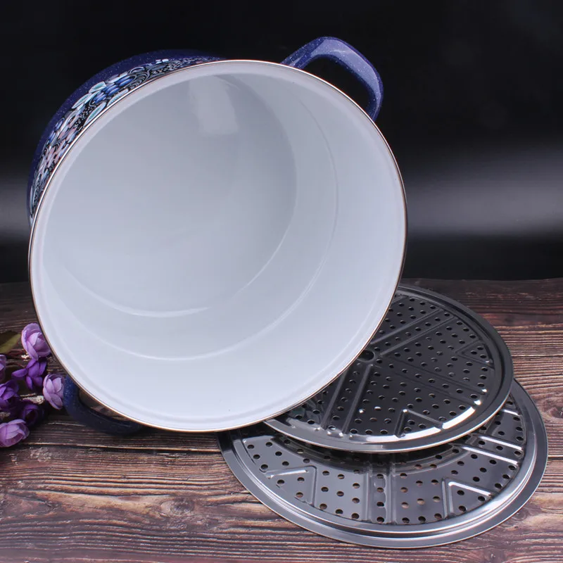 Double-grate enamel steamer Double-layer steamed slices thickened flat-bottomed soup pot stew Large-capacity enamel