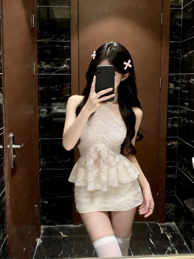 

Sexy Lace Svel Ne Hanging Vest Top f-length ort Skirt Two-piece Set Women's Summer Faion Commute Sle Slim Fit